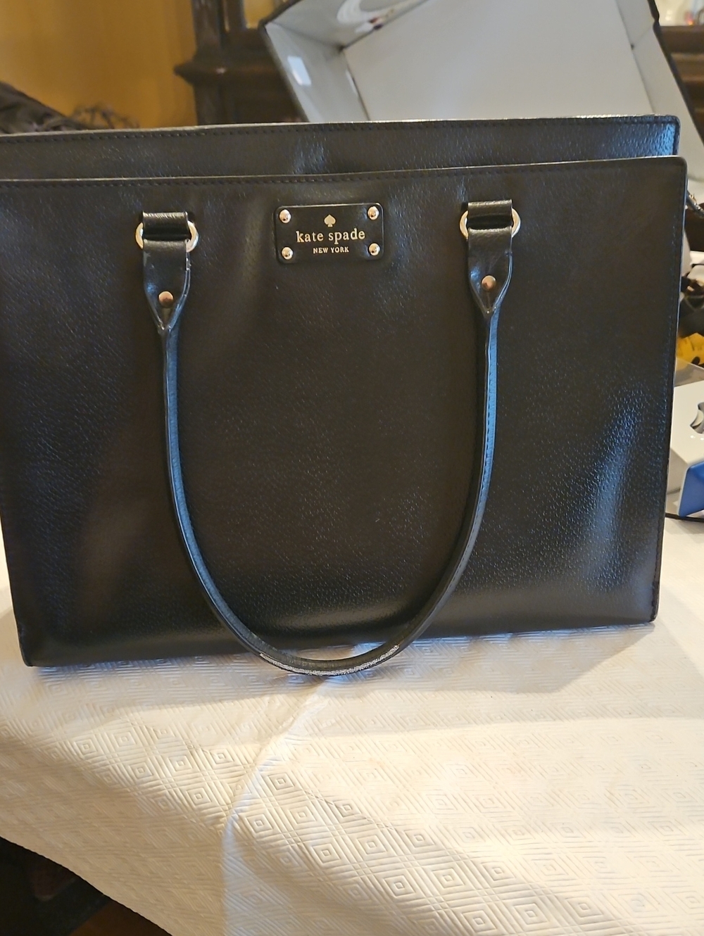 kate spade Black Leather Structured Tote with Gold Plaque